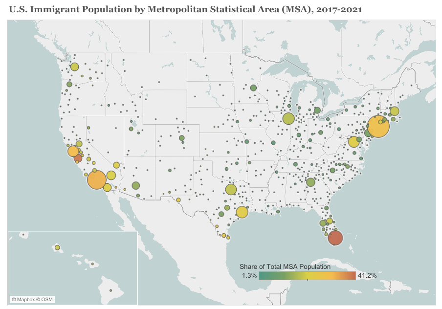 A map of the United States showing major immigrant populations by metro area